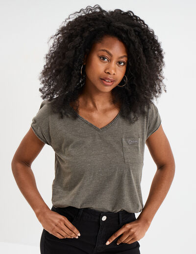 T-shirt col v poche poitrine Creeks vert kaki femme