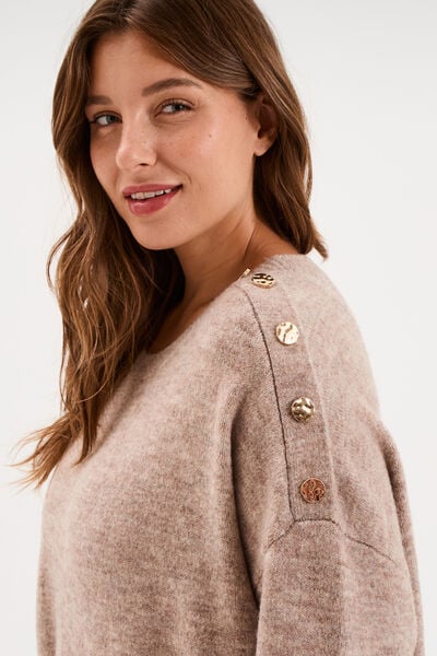 Robe pull oversize boutons &eacute;paule genou sable femme grande taille