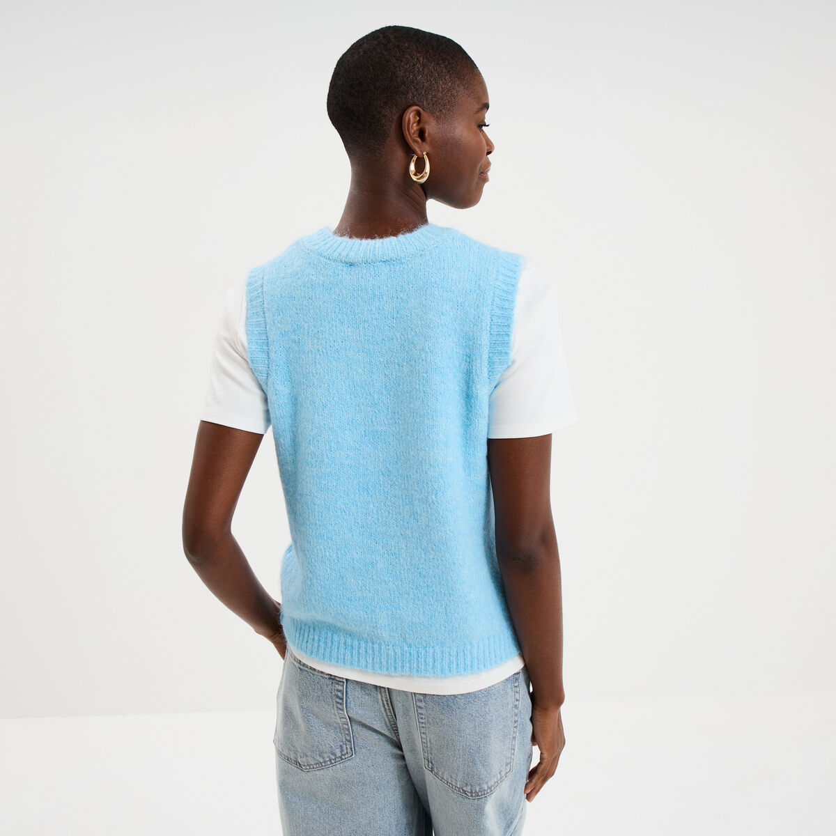 Pull sans manches col rond bleu clair femme