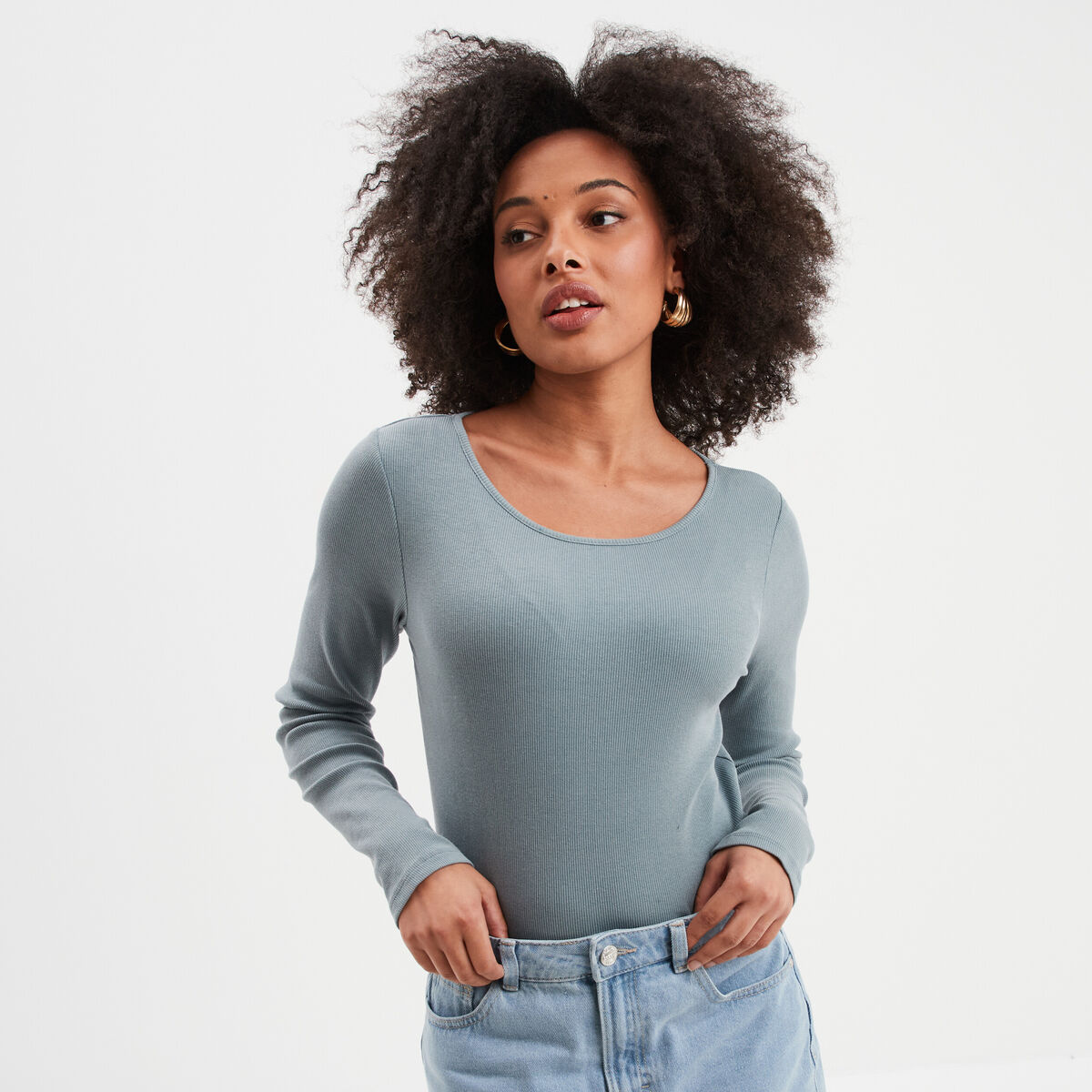T-shirt col rond manches longues coton gris femme