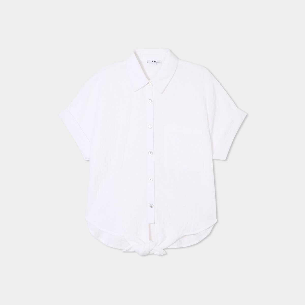 Chemise nouée manches courtes gaze coton blanc femme