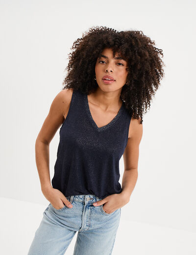 D&eacute;bardeur col en V sans manches bleu fonc&eacute; femme
