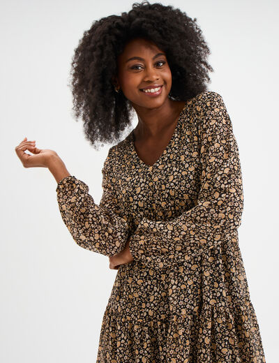 Robe évasée col en V et volants noir femme