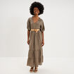 Robe longue &agrave; volants et ceinture vert kaki femme