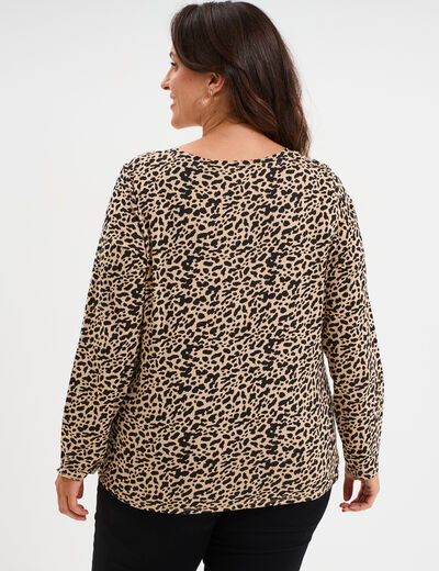 T-shirt col en V manches longues coton beige femme grande taille