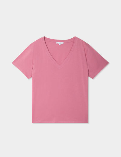 T-shirt manches courtes col en V coton vieux rose femme