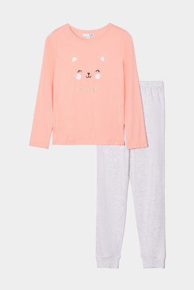 Ensemble pyjama pantalon resserré chat orange corail fille
