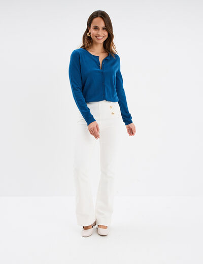 Gilet manches longues boutonné col rond bleu foncé femme
