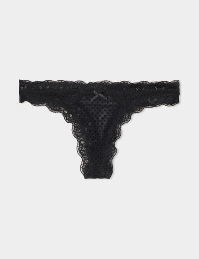 Tanga dentelle et plumetis noir femme