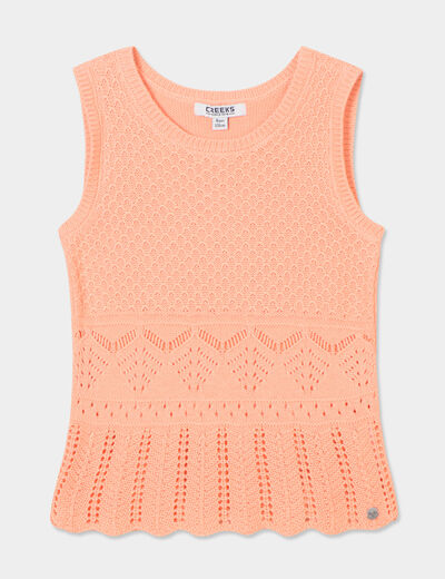 Débardeur tricot ajouré coton rose saumon fille