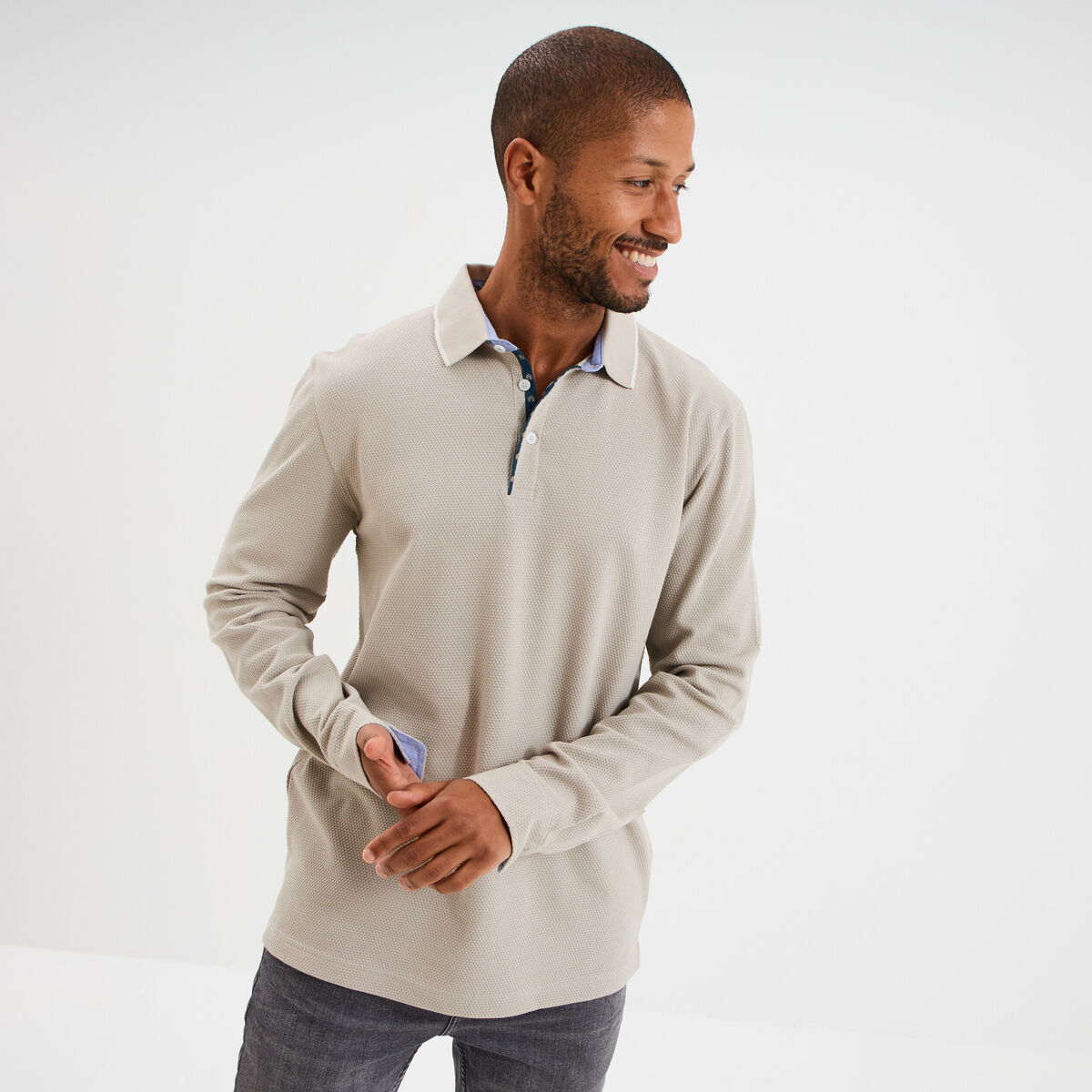 Polo piqu&eacute; droit manches longues coton gris clair homme