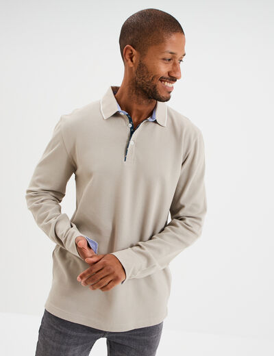 Polo piqu&eacute; droit manches longues coton gris clair homme