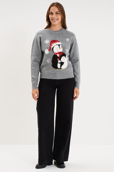 Pull de No&euml;l avec sequins gris clair femme