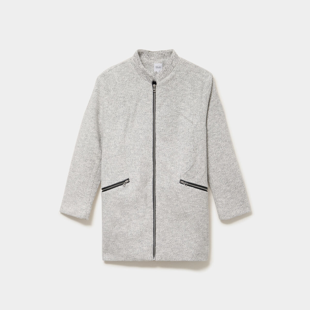 Manteau mi-long droit zipp&eacute; col mao gris clair femme grande taille