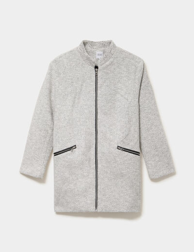 Manteau mi-long droit zipp&eacute; col mao gris clair femme grande taille
