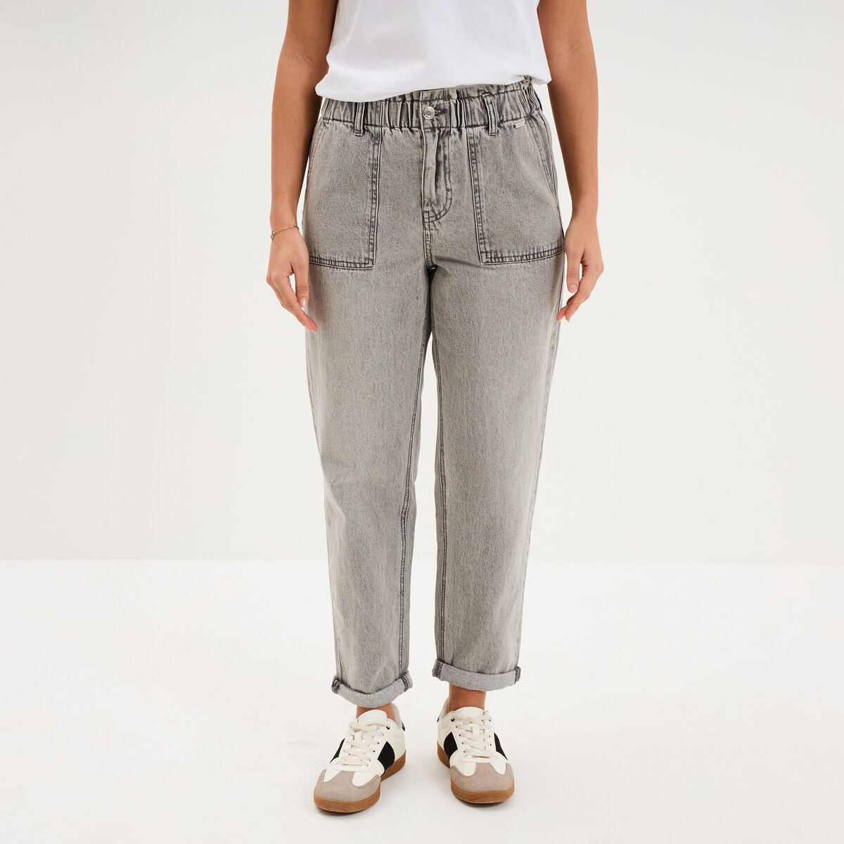 Jean paperbag cropped taille &eacute;lastiqu&eacute;e denim gris femme