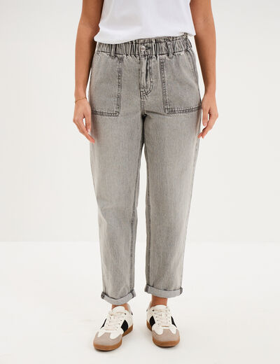 Jean paperbag cropped taille &eacute;lastiqu&eacute;e denim gris femme