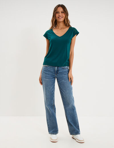 T-shirt col en V ajour&eacute; &eacute;paules et dos vert fonc&eacute; femme