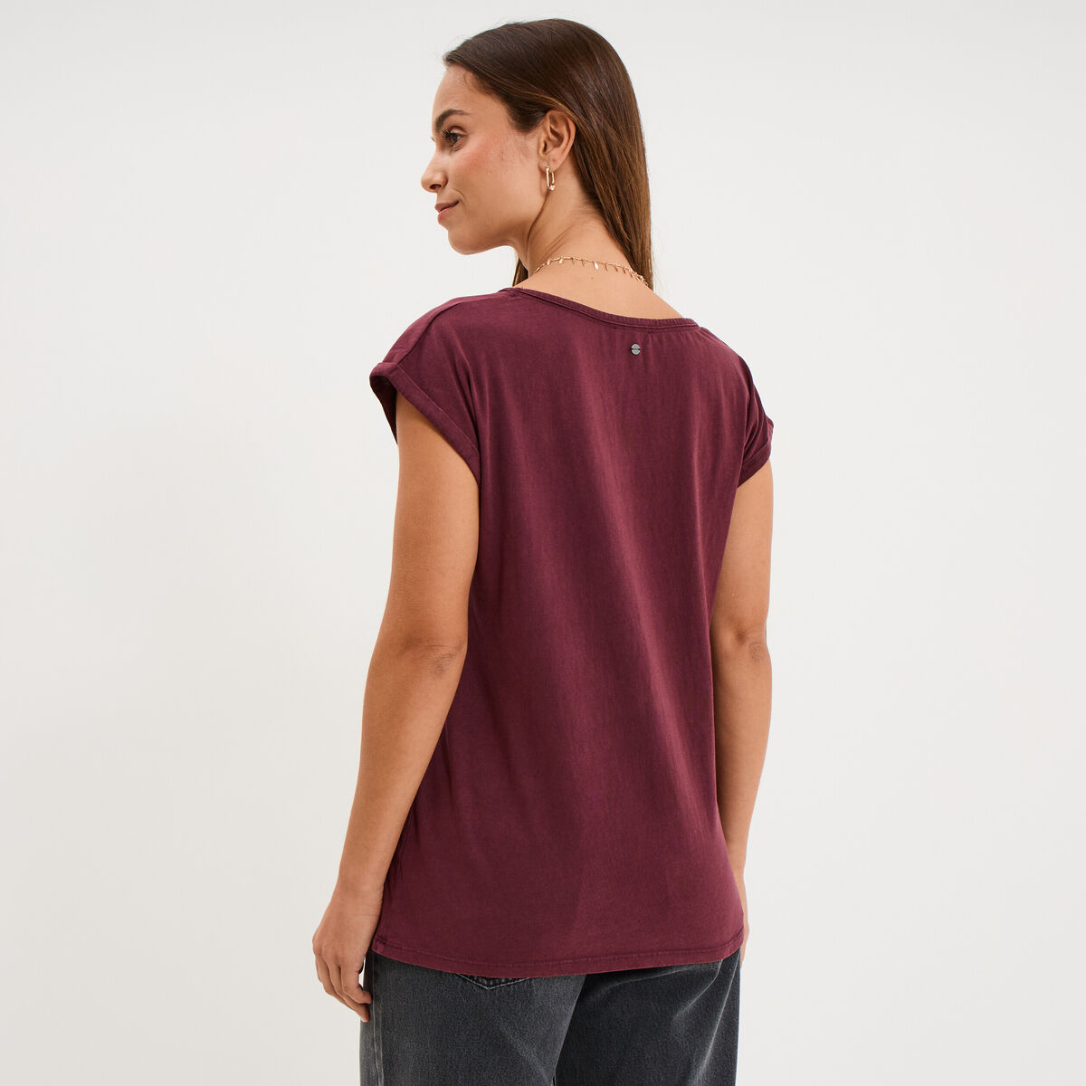 T-shirt coton col en V manches courtes violet fonc&eacute; femme