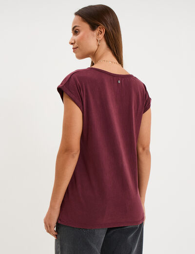 T-shirt coton col en V manches courtes violet fonc&eacute; femme