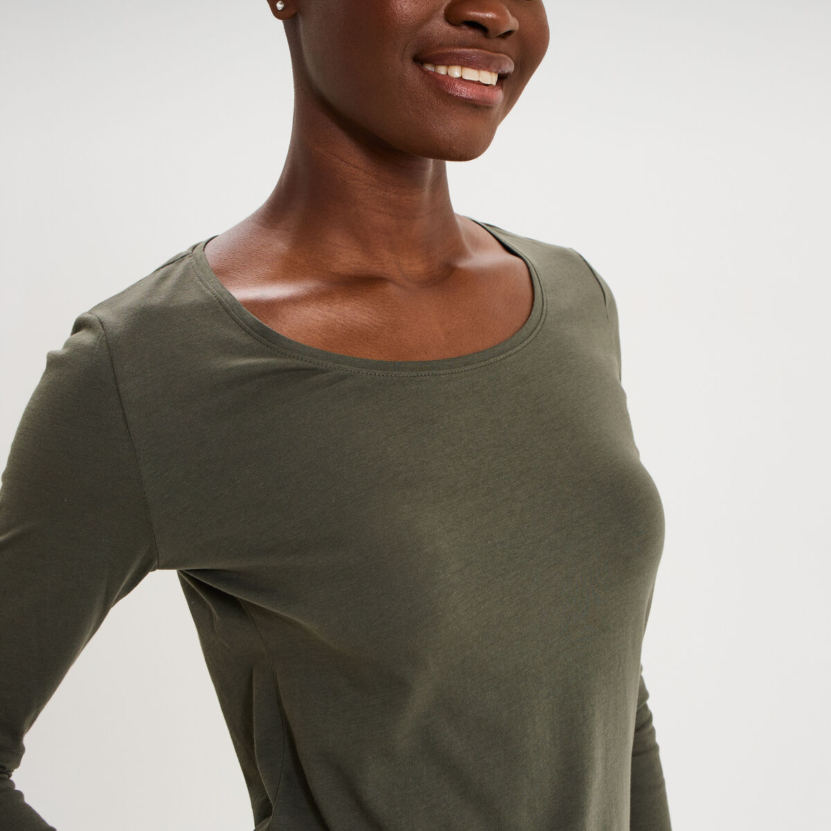 T-shirt coton col rond manches longues vert kaki femme