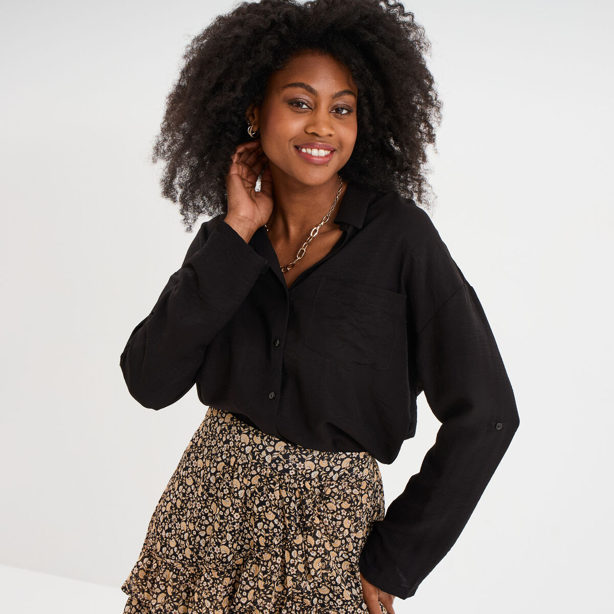 Chemise manches retroussables noir femme