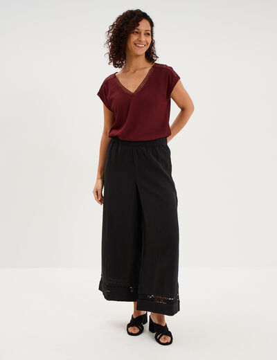 T-shirt col en V manches courtes bordeaux femme