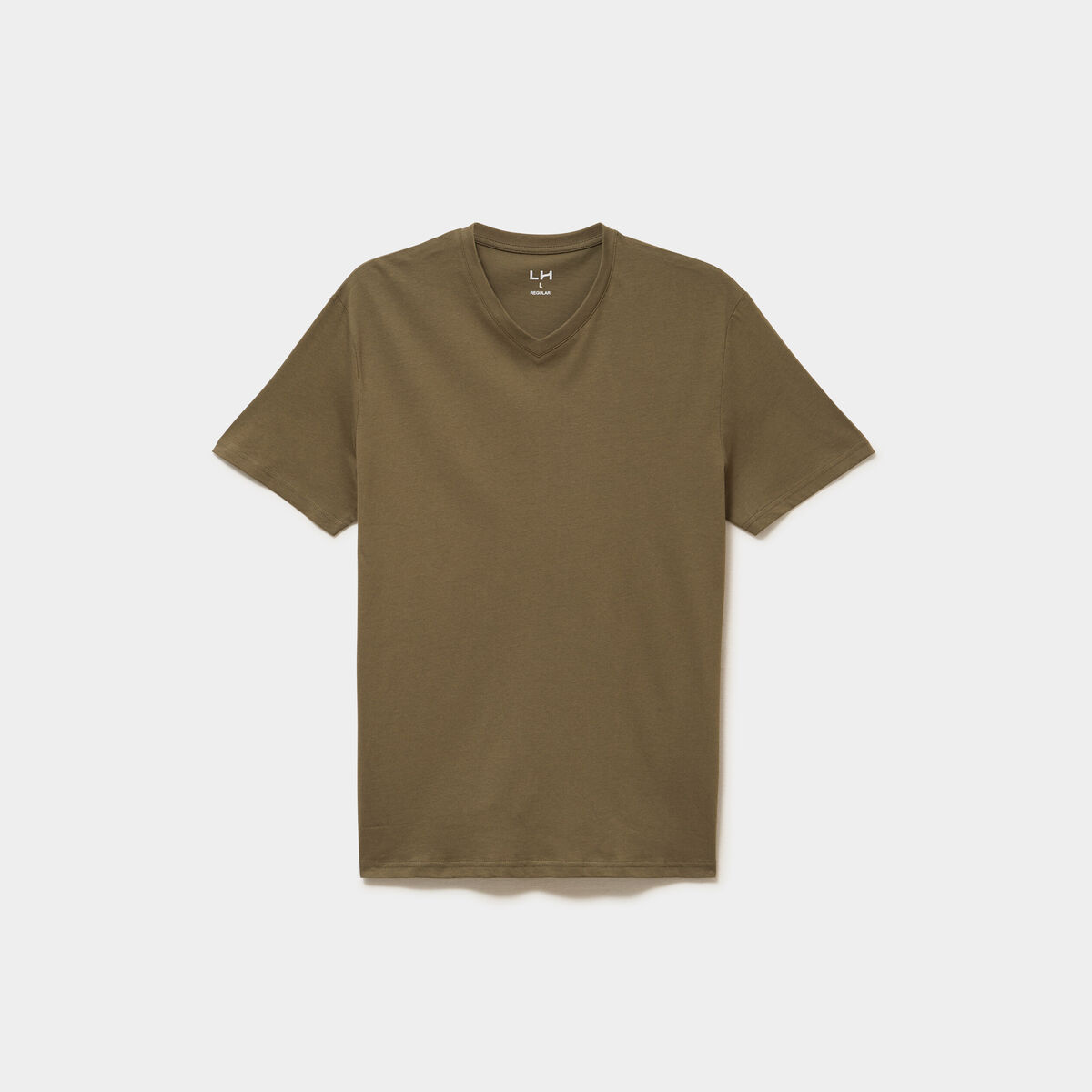 T-shirt manches courtes coton col V vert kaki homme