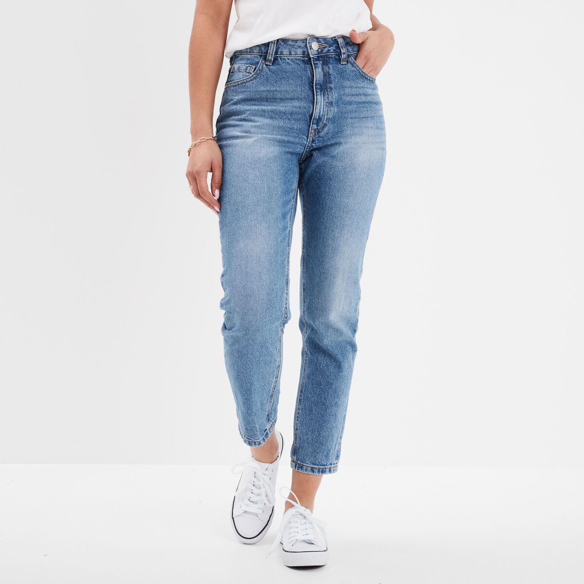 Jeans mom 7/8&egrave;me taille haute coton denim double stone femme