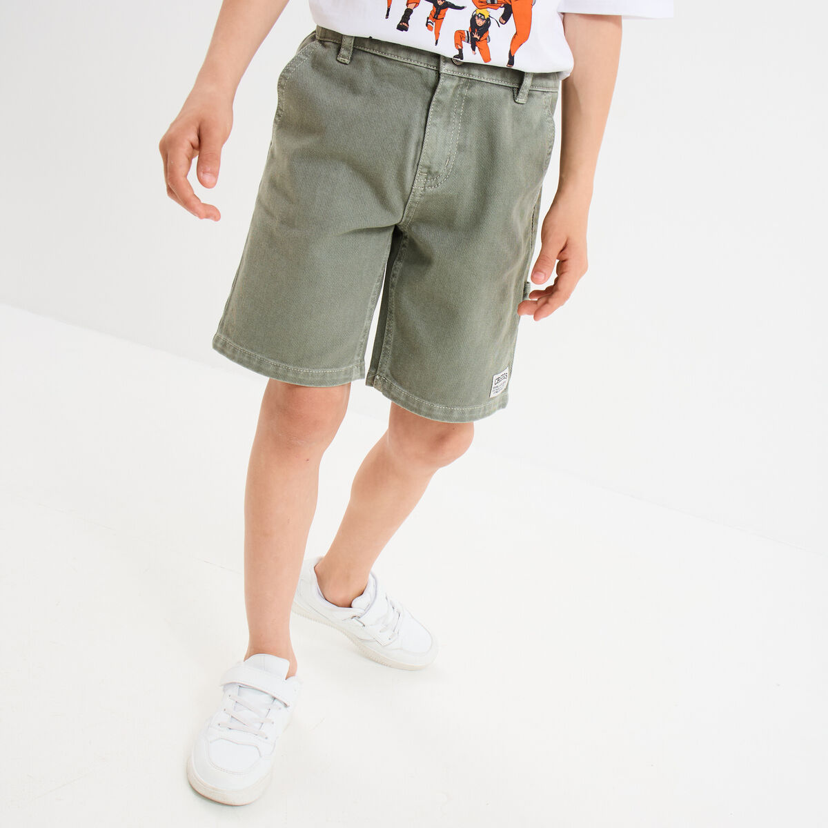 Bermuda large taille élastiquée coton vert kaki garçon