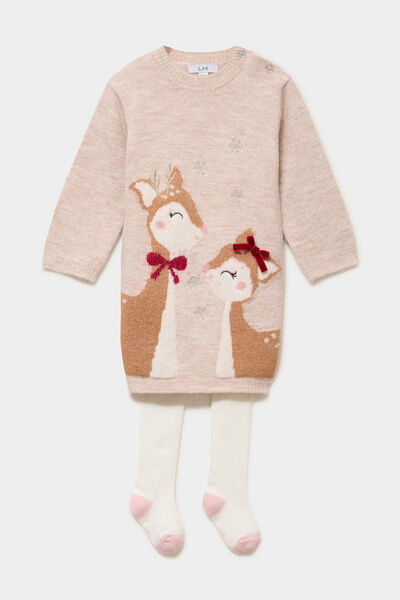 Ensemble robe tricot et collants beige b&eacute;b&eacute; fille