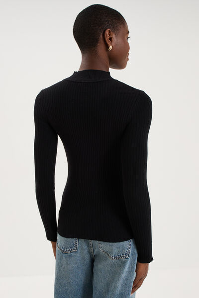 Pull ajust&eacute; c&ocirc;tel&eacute; col montant noir femme