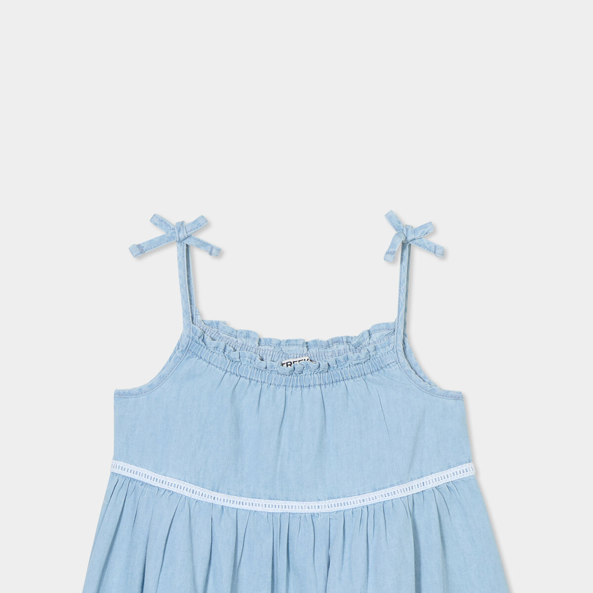 Robe trap&egrave;ze volants &agrave; bretelles coton denim double stone fille