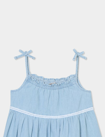 Robe trap&egrave;ze volants &agrave; bretelles coton denim double stone fille