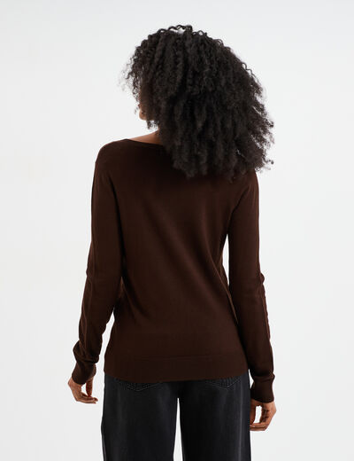 Pull col en V manches longues marron foncé femme