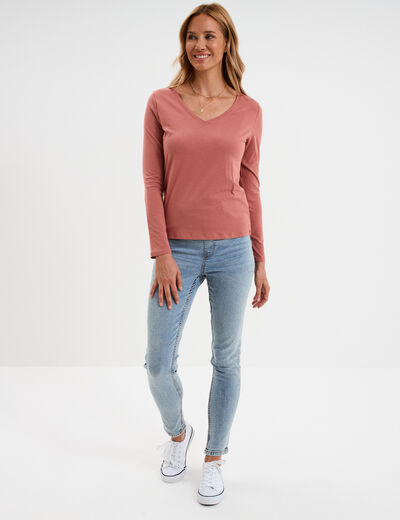 T-shirt col en V manches longues coton vieux rose femme