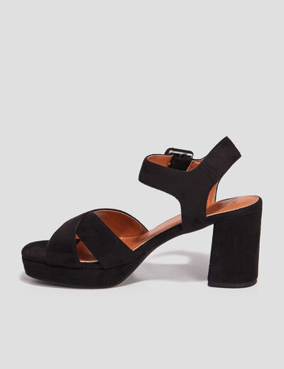 Sandales plateforme &agrave; talons en su&eacute;dine noir femme