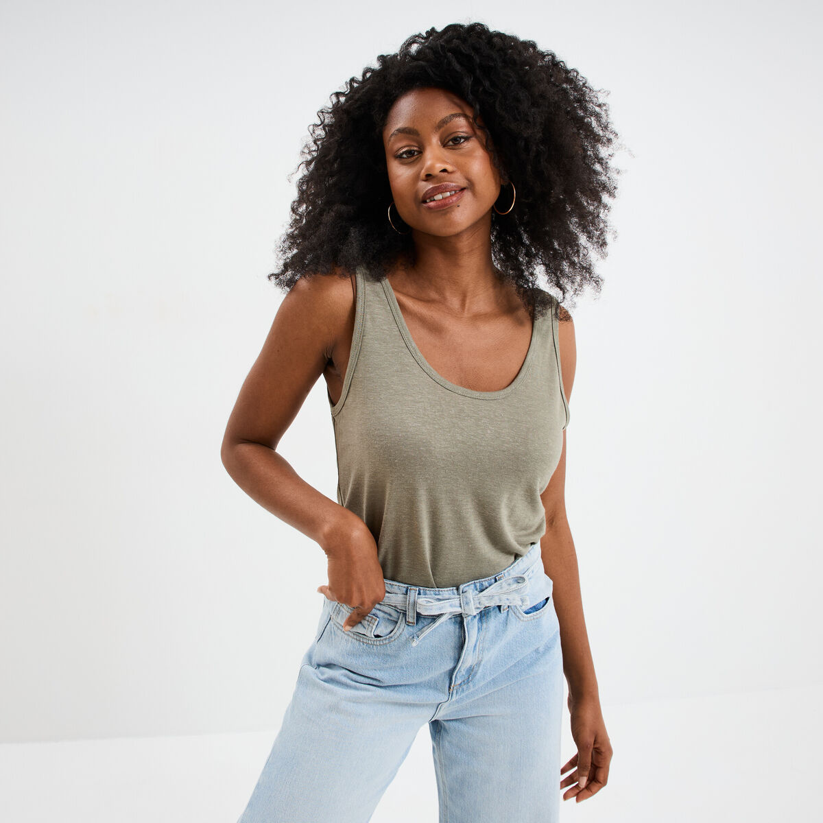 Débardeur col rond lin mélangé vert kaki femme