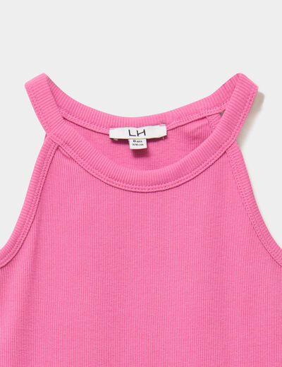 D&eacute;bardeur c&ocirc;tel&eacute; col rond coton rose fushia fille