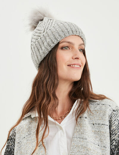 Bonnet à pompon gris clair femme