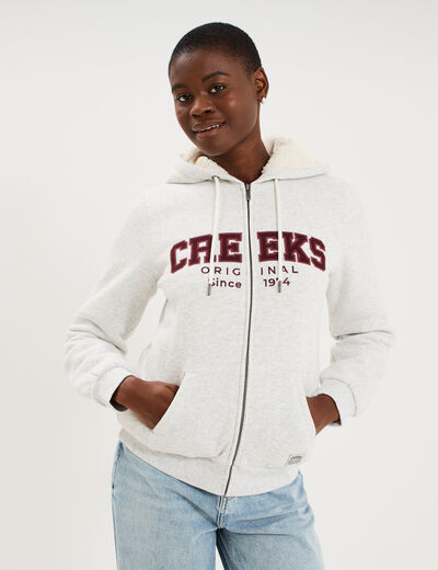 Sweat &agrave; capuche doublure effet sherpa gris clair femme