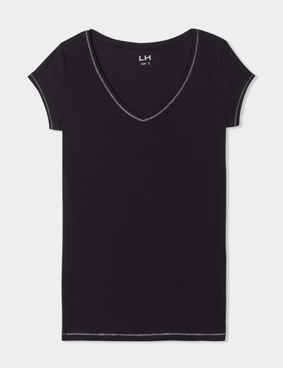 T-shirt col V ajusté manches courtes noir femme