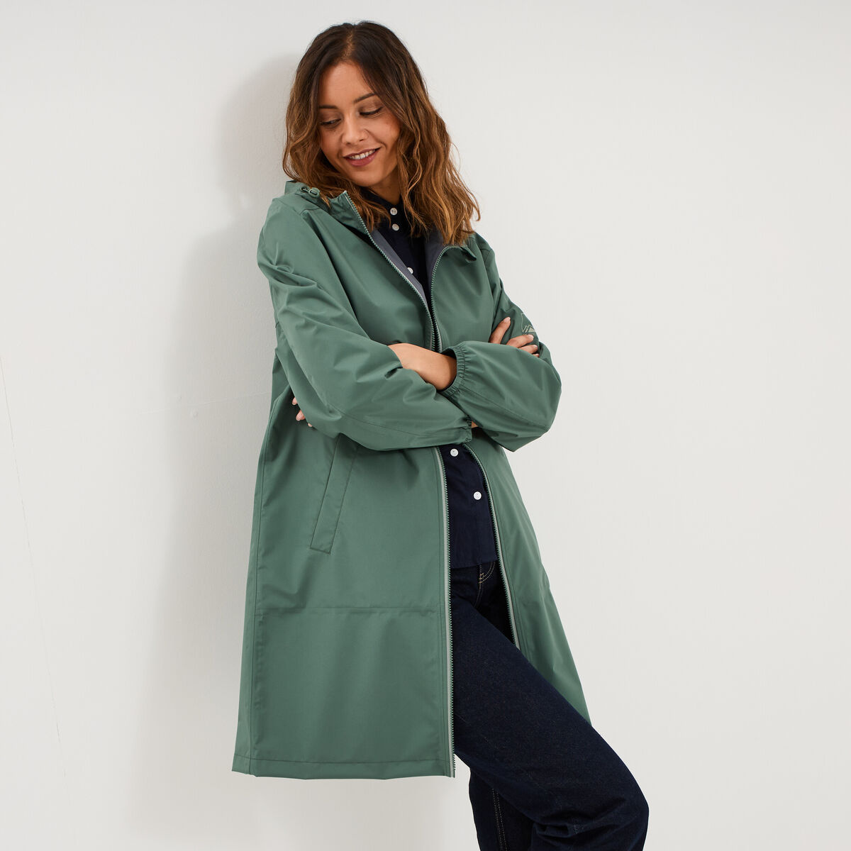 Parka longue imp&eacute;rm&eacute;able coupe-vent vert kaki femme