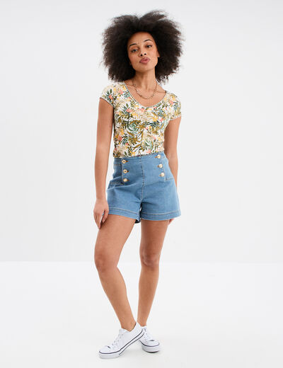 T-shirt col V droit manches courtes blanc femme