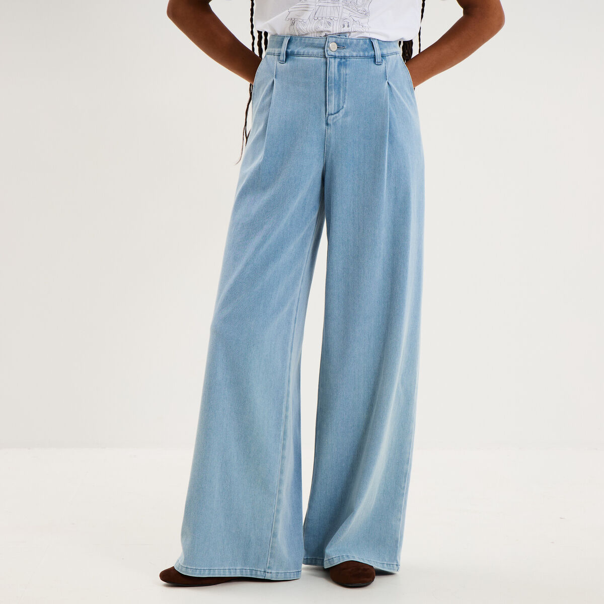 Jean large taille mi-haute &agrave; pinces denim triple stone femme