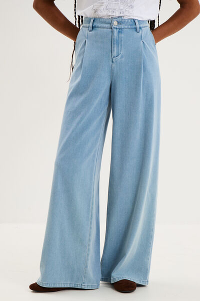 Jean large taille mi-haute &agrave; pinces denim triple stone femme