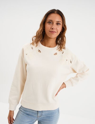 Sweat ajour&eacute; avec broderie col rond ecru femme