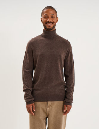 Pull col roul&eacute; manches longues marron chocolat homme