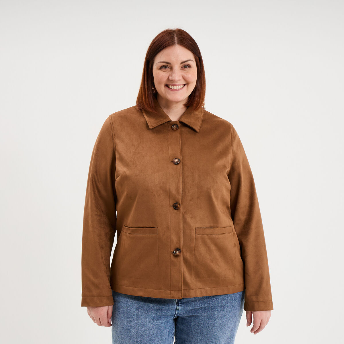 Veste effet su&eacute;dine boutonn&eacute;e marron femme grande taille