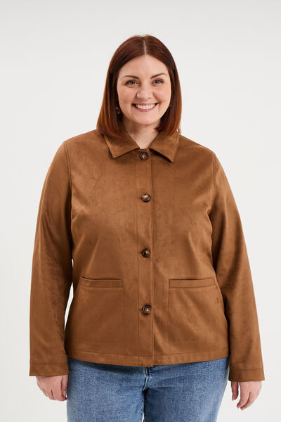 Veste effet su&eacute;dine boutonn&eacute;e marron femme grande taille